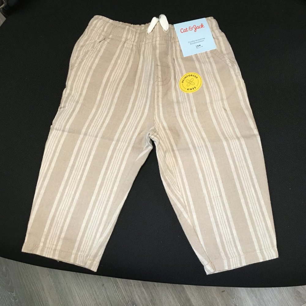 NWT Cat & Jack Drawstring Unisex Pants Cream & White Striped - Size 18 Months